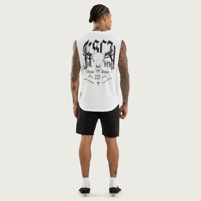 Model wears Gritt Curved Hem Muscle Tee White Muscle Tees in White - Image 6