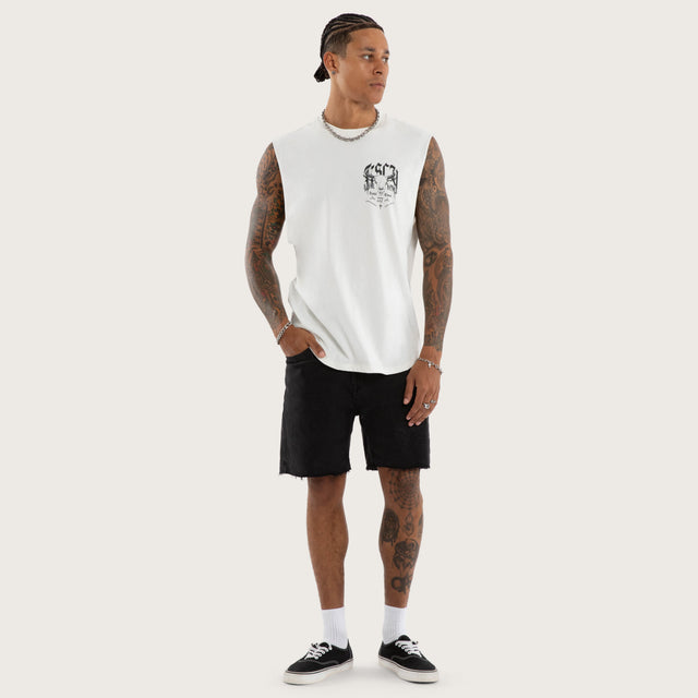 Model wears Gritt Curved Hem Muscle Tee White Muscle Tees in White - Image 5