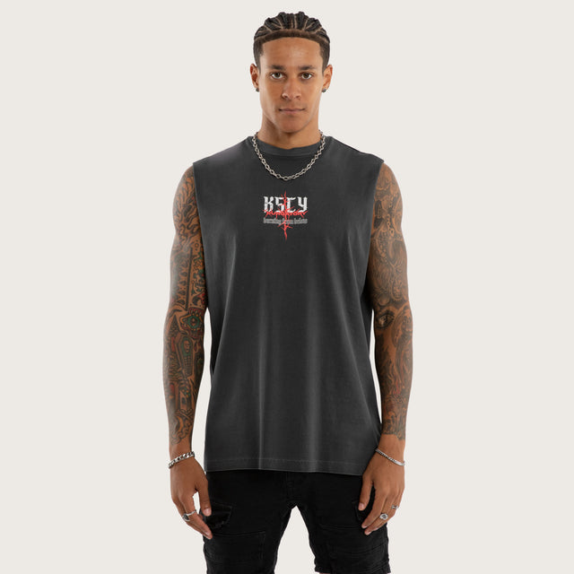 Model wears Burning Relaxed Muscle Tee Black Muscle Tees in Black - Image 2