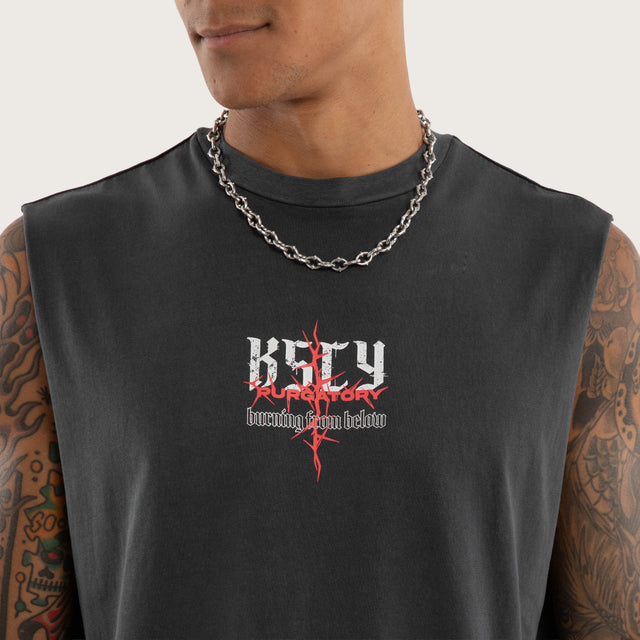Model wears Burning Relaxed Muscle Tee Black Muscle Tees in Black - Image 3