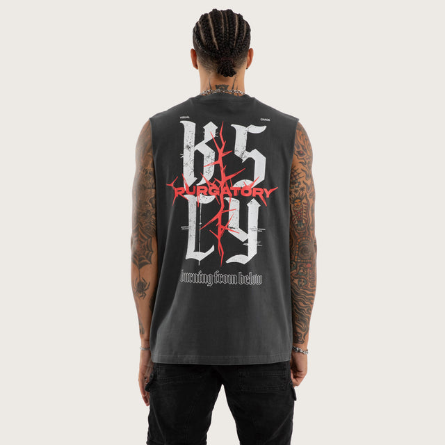 Model wears Burning Relaxed Muscle Tee Black Muscle Tees in Black - Image 1