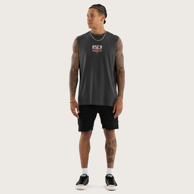 Model wears Burning Relaxed Muscle Tee Black Muscle Tees in Black - Image 4