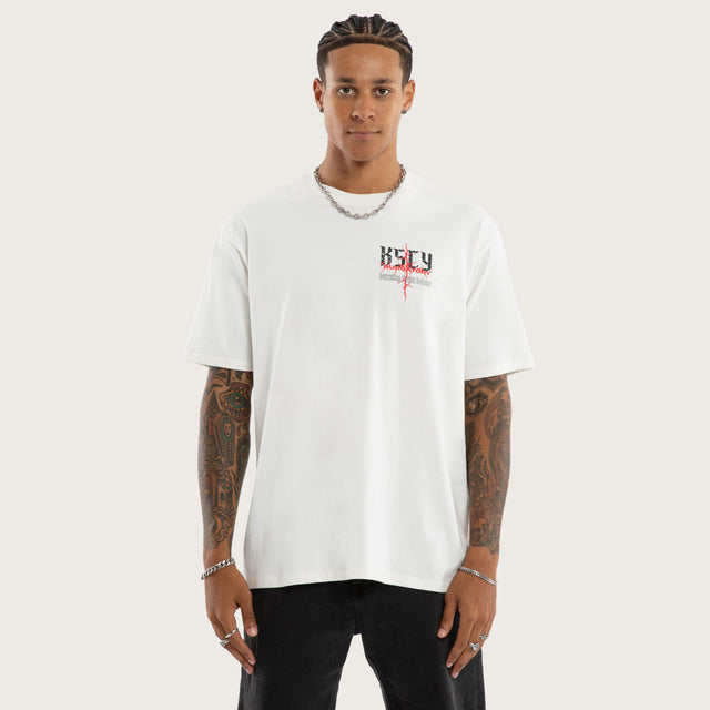 Model wears Burning Box Fit Tee Natural White T-Shirts in White - Image 2