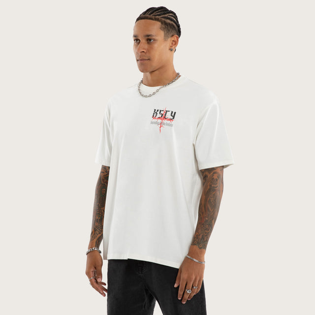 Model wears Burning Box Fit Tee Natural White T-Shirts in White - Image 3