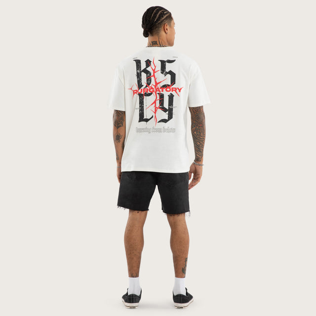 Model wears Burning Box Fit Tee Natural White T-Shirts in White - Image 6