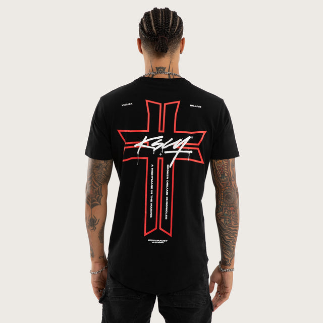 Model wears Jackson Curved Hem Tee Black T-Shirts in Black - Image 1
