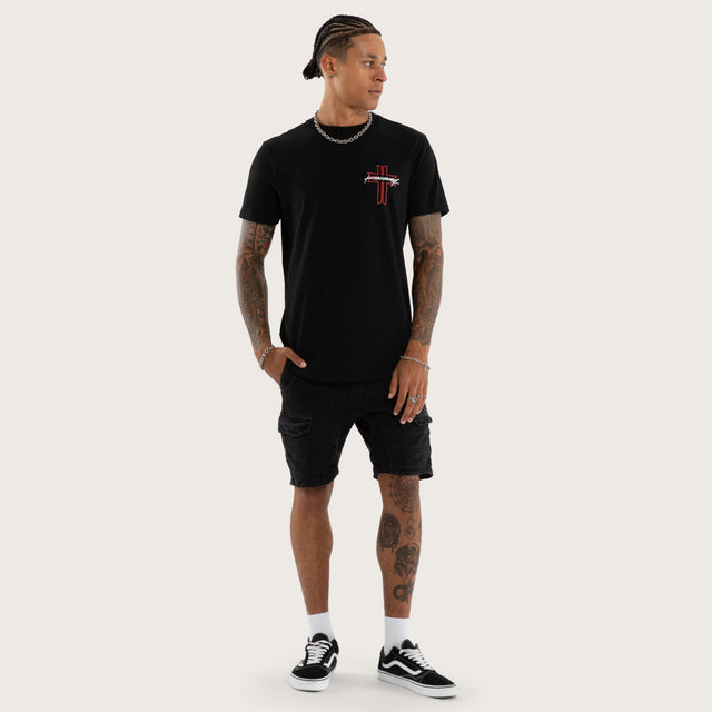 Model wears Jackson Curved Hem Tee Black T-Shirts in Black - Image 6