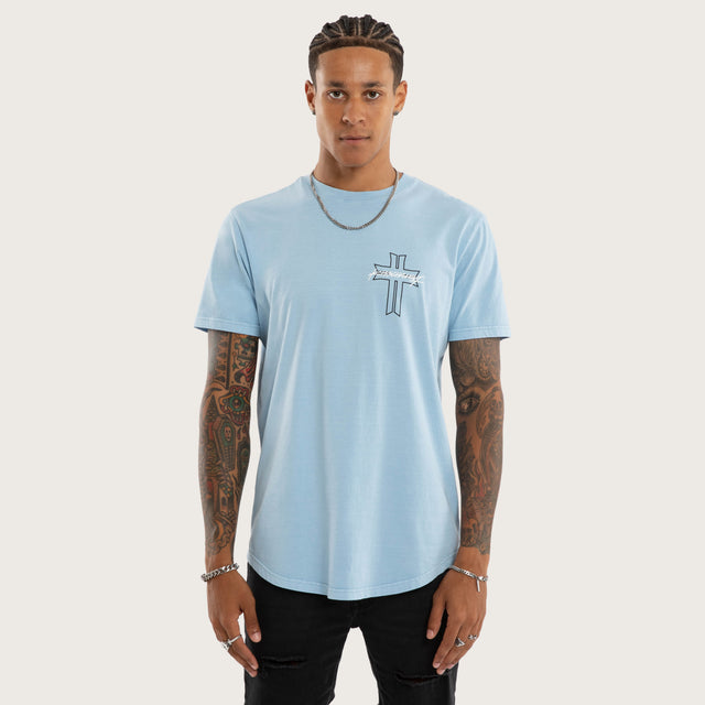 Model wears Jackson Curved Hem Tee Blue T-Shirts in Blue - Image 2