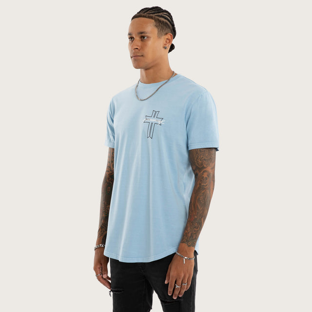Model wears Jackson Curved Hem Tee Blue T-Shirts in Blue - Image 3