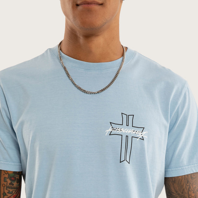 Model wears Jackson Curved Hem Tee Blue T-Shirts in Blue - Image 4