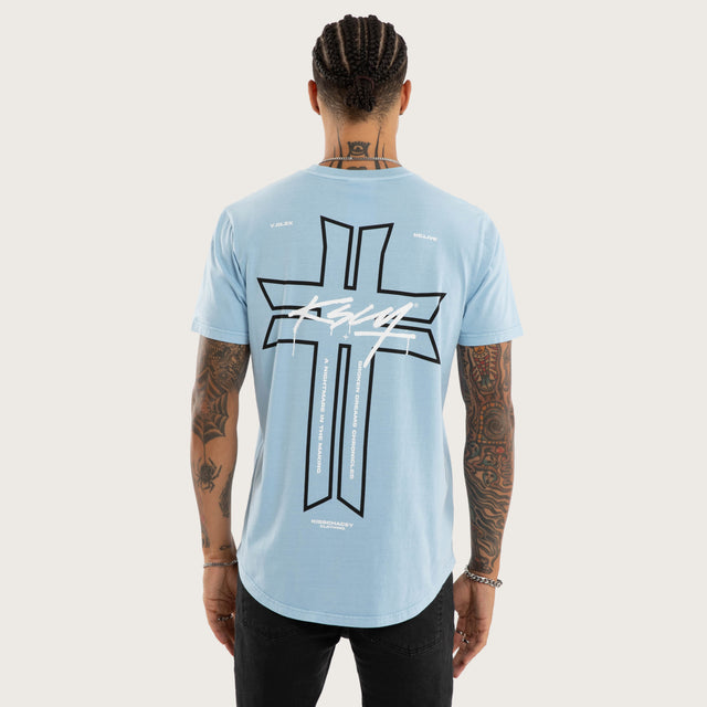 Model wears Jackson Curved Hem Tee Blue T-Shirts in Blue - Image 1