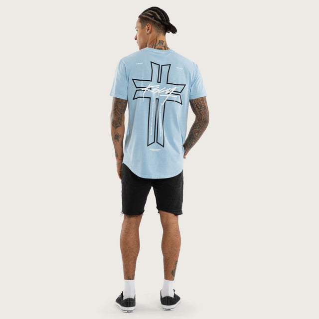Model wears Jackson Curved Hem Tee Blue T-Shirts in Blue - Image 5