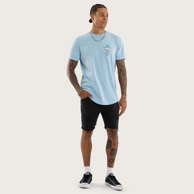 Model wears Jackson Curved Hem Tee Blue T-Shirts in Blue - Image 6