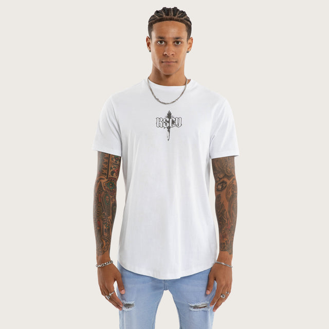 Model wears Chronic Curved Hem Tee White T-Shirts in White - Image 4