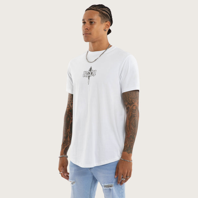 Model wears Chronic Curved Hem Tee White T-Shirts in White - Image 5