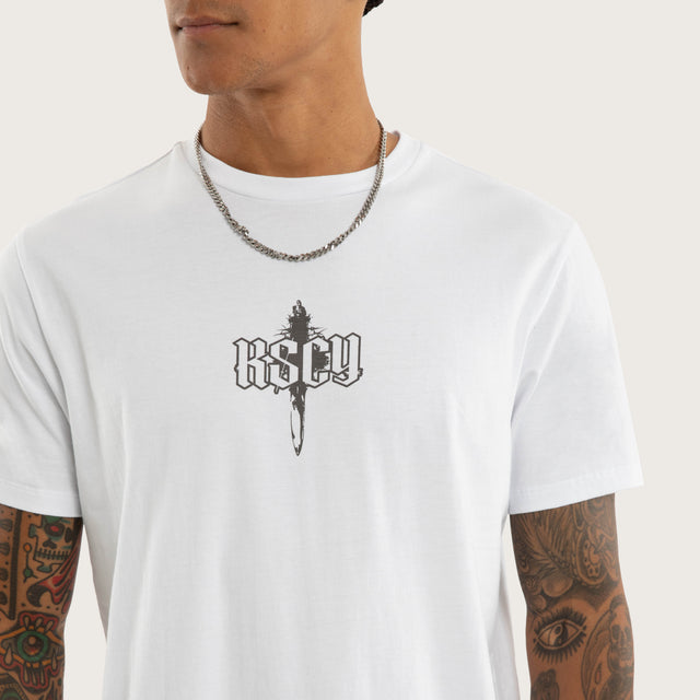 Model wears Chronic Curved Hem Tee White T-Shirts in White - Image 6