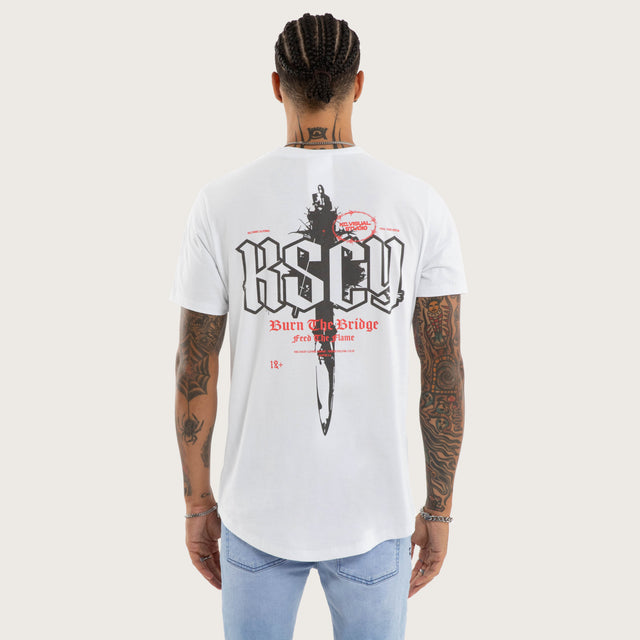 Model wears Chronic Curved Hem Tee White T-Shirts in White - Image 1