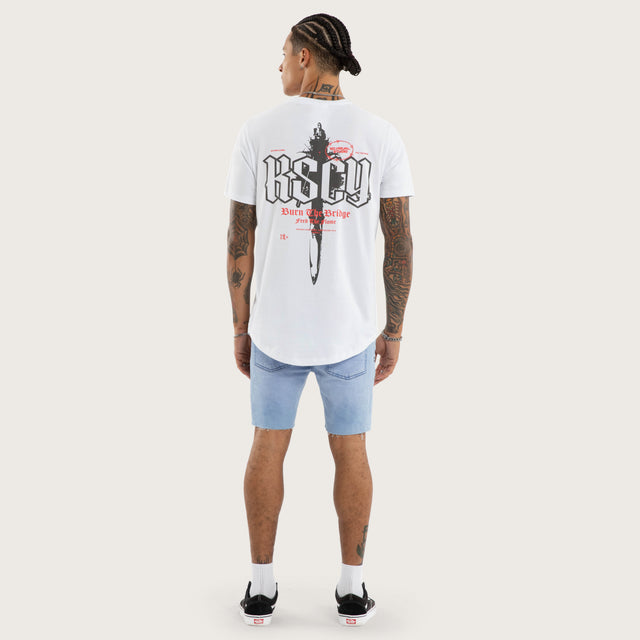 Model wears Chronic Curved Hem Tee White T-Shirts in White - Image 2
