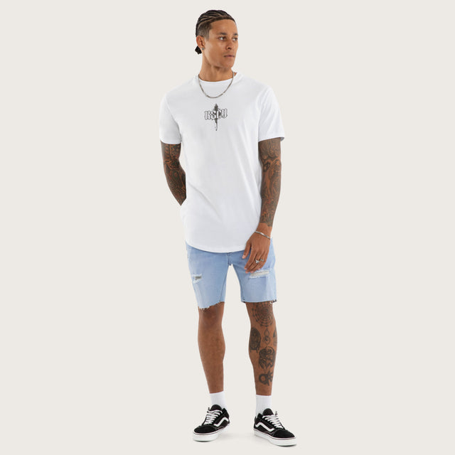 Model wears Chronic Curved Hem Tee White T-Shirts in White - Image 3