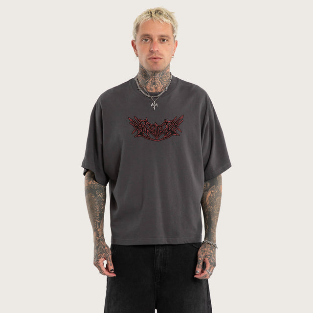 Model wears Bloodwing Batwing Tee Grey T-Shirts in Grey - Image 1