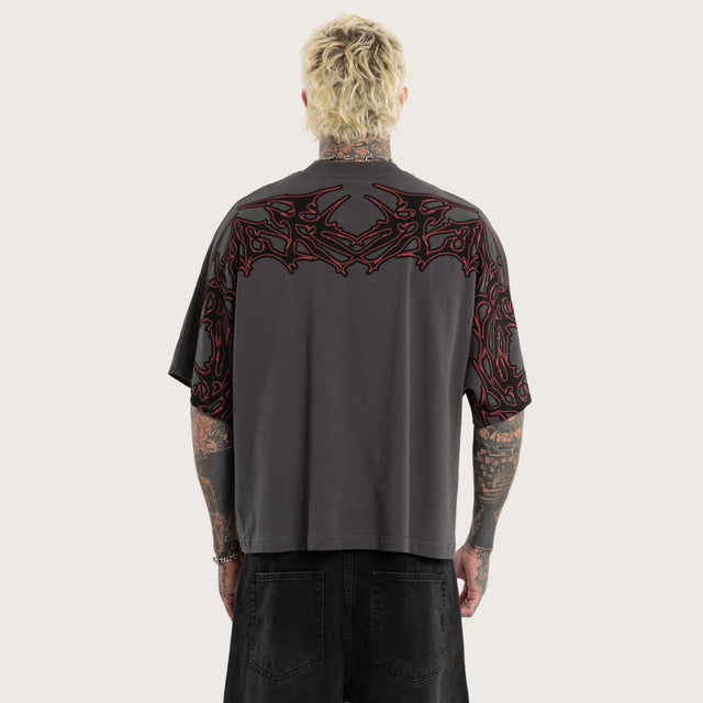 Model wears Bloodwing Batwing Tee Grey T-Shirts in Grey - Image 2