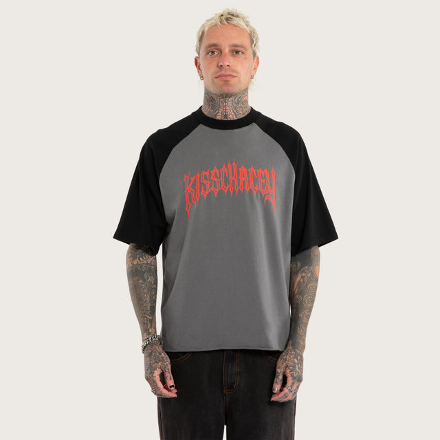 Model wears Static Chaos Raglan Street Tee Grey T-Shirts in Grey - Image 1