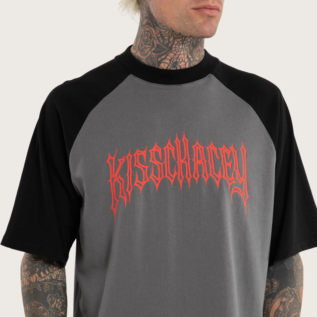 Model wears Static Chaos Raglan Street Tee Grey T-Shirts in Grey - Image 2