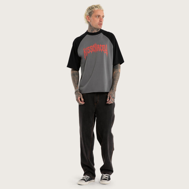 Model wears Static Chaos Raglan Street Tee Grey T-Shirts in Grey - Image 5
