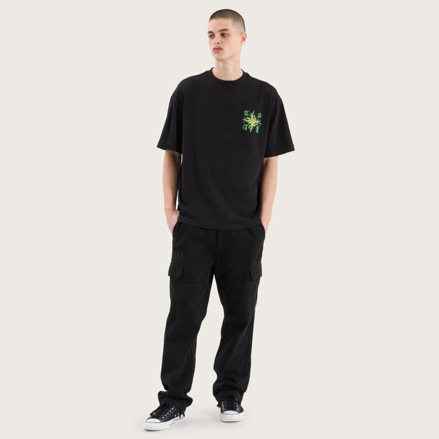 Model wears Thorn Street Tee Jet Black T-Shirts in Black - Image 3