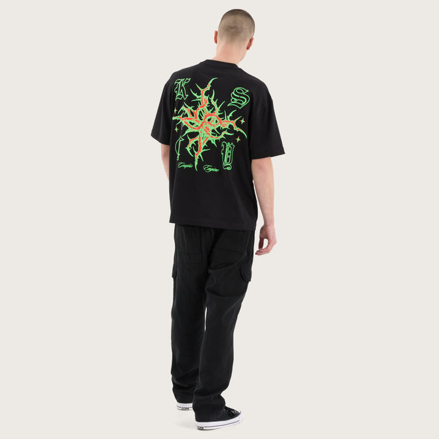 Model wears Thorn Street Tee Jet Black T-Shirts in Black - Image 4