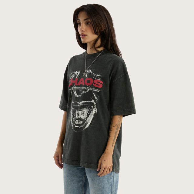 Model wears Risk Street Tee Vintage Black T-Shirts in Black - Image 4