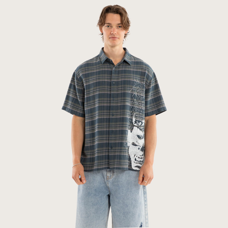Oni Check Button SS Shirt - Green Checks