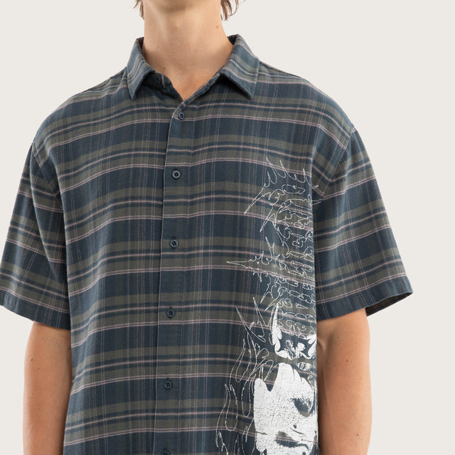 Oni Check Button Short Sleeve Shirt Green Checks