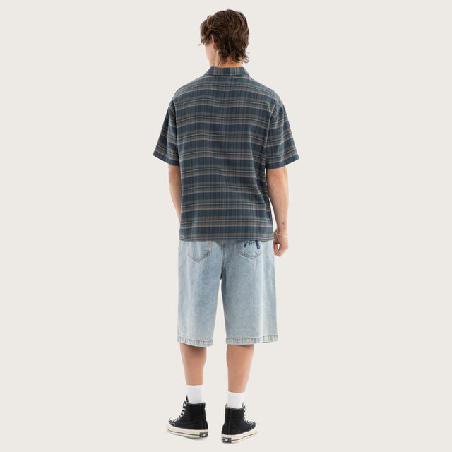 Oni Check Button Short Sleeve Shirt Green Checks