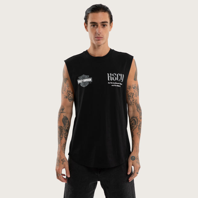 Model wears Fallout Trial Curved Muscle Jet Black Muscle Tees in Black - Image 1