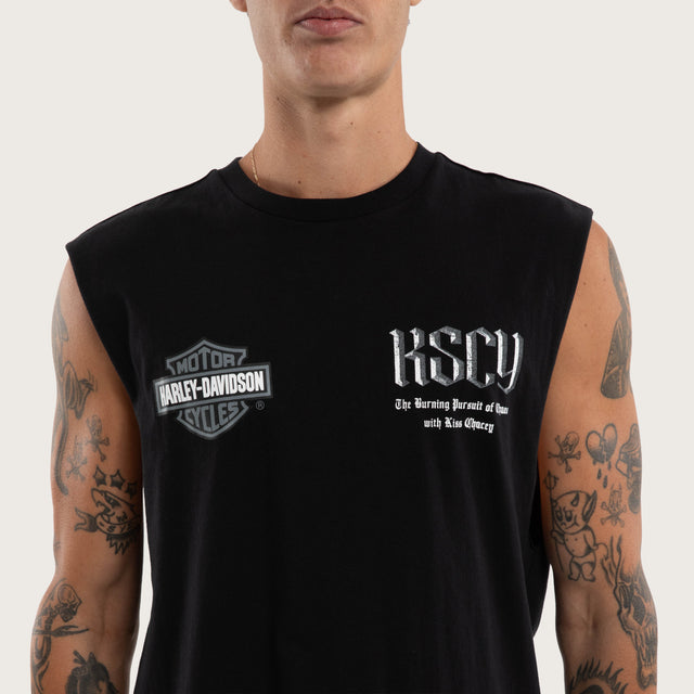 Model wears Fallout Trial Curved Muscle Jet Black Muscle Tees in Black - Image 3