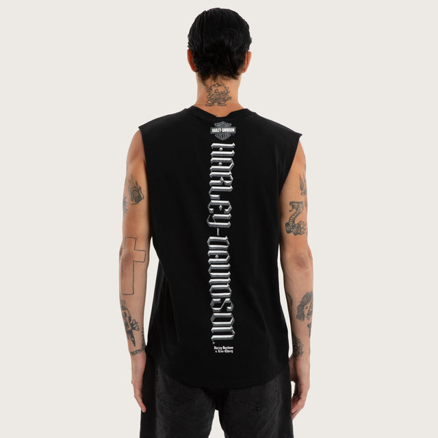 Model wears Fallout Trial Curved Muscle Jet Black Muscle Tees in Black - Image 2