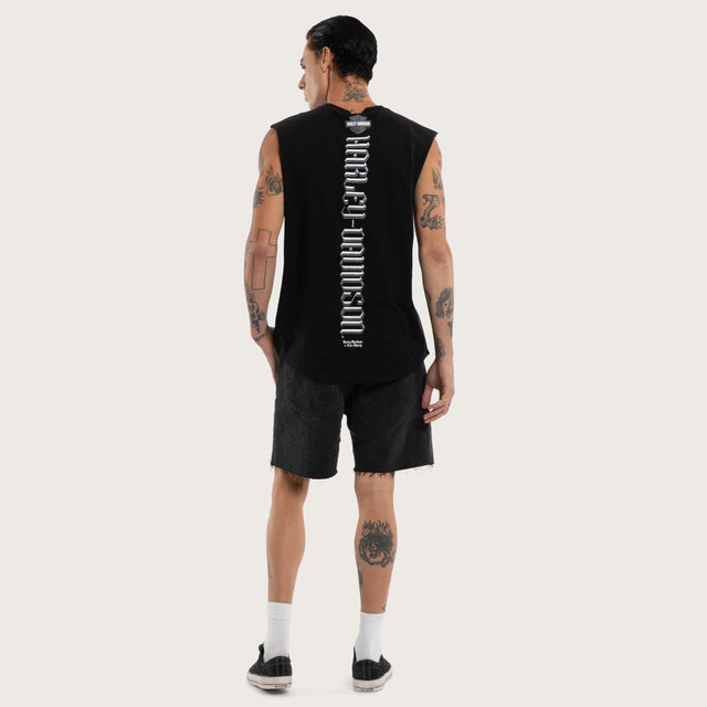 Model wears Fallout Trial Curved Muscle Jet Black Muscle Tees in Black - Image 4