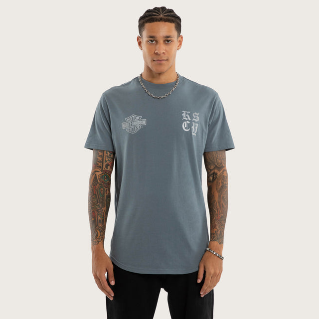 Model wears Rustline Dual Curved Tee Stormy Weather T-Shirts Blue – image 2