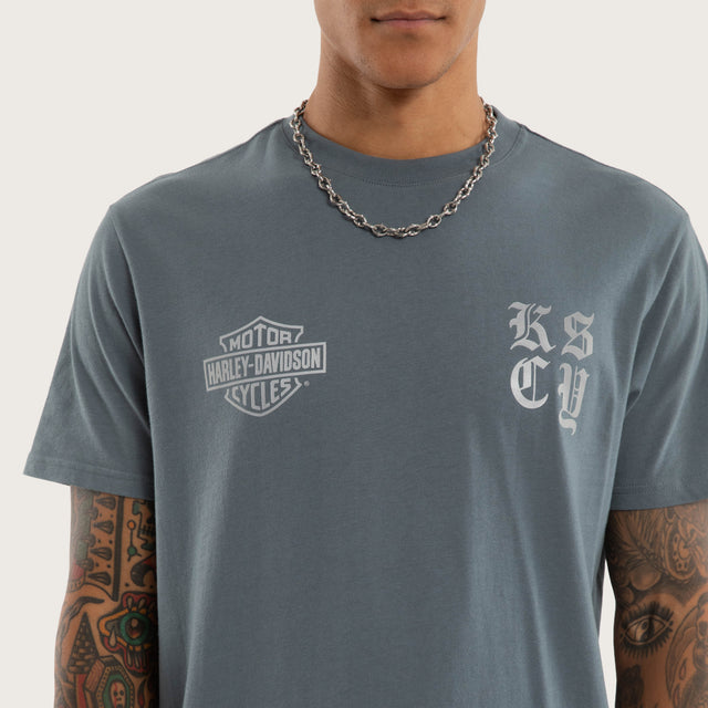 Model wears Rustline Dual Curved Tee Stormy Weather T-Shirts Blue – image 3