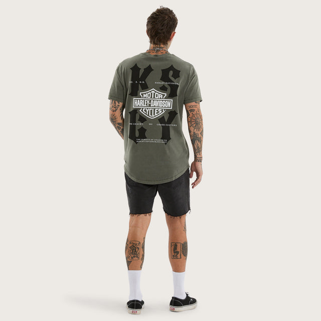 Model wears Michigan Dual Curved Tee Pigment Basil T-Shirts Green – image 4