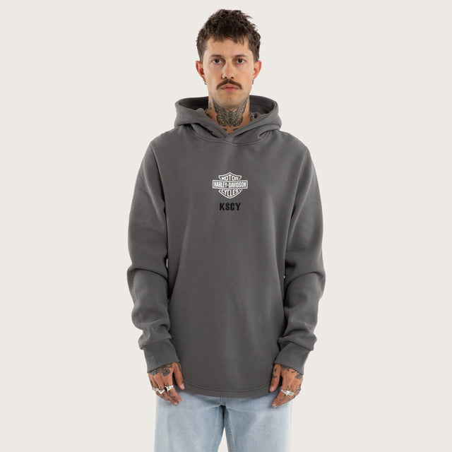 Model wears Hog Dual Curved Hoodie Charcoal Hoodies Grey – image 1