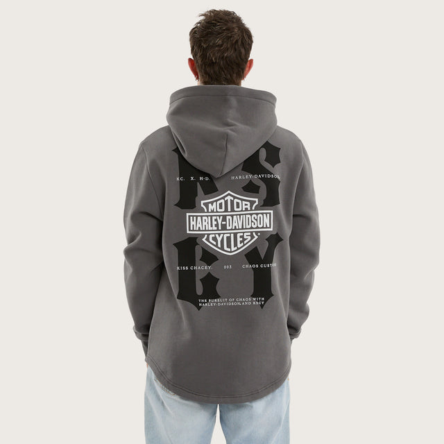 Model wears Hog Dual Curved Hoodie Charcoal Hoodies Grey – image 2