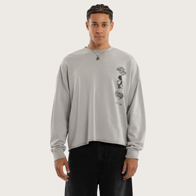 Model wears Member Box Fit Raw Hem Sweater Pigment Dove Jumpers in Grey - Image 1