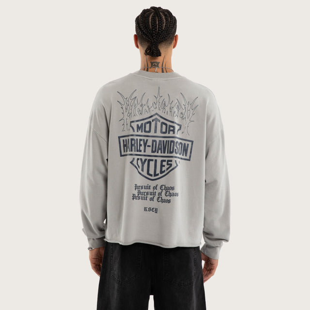 Model wears Member Box Fit Raw Hem Sweater Pigment Dove Jumpers in Grey - Image 2