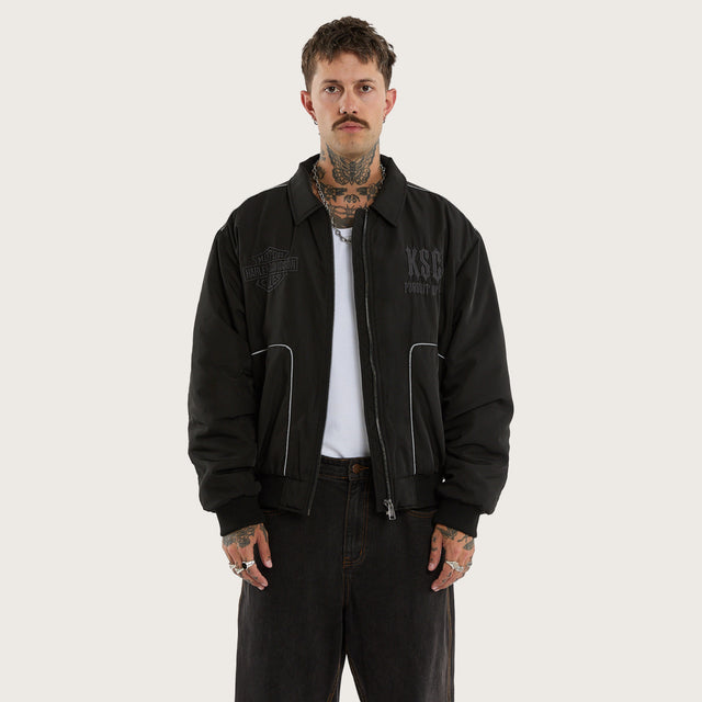 Model wears Drill Bomber Jacket Anthracite Black Jackets Black – image 2