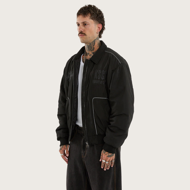 Model wears Drill Bomber Jacket Anthracite Black Jackets Black – image 4