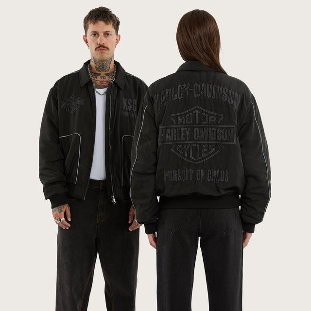 Model wears Drill Bomber Jacket Anthracite Black Jackets Black – image 1