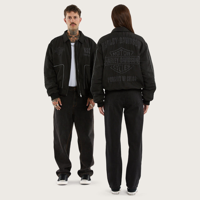 Model wears Drill Bomber Jacket Anthracite Black Jackets Black – image 6