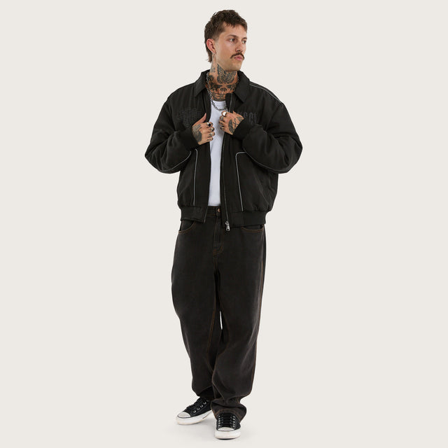 Model wears Drill Bomber Jacket Anthracite Black Jackets Black – image 7